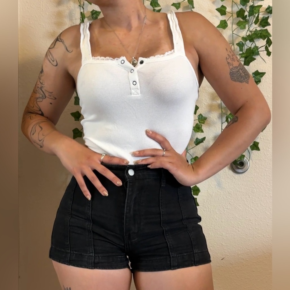 White Ribbed Henley Bodysuit with Lace Trim